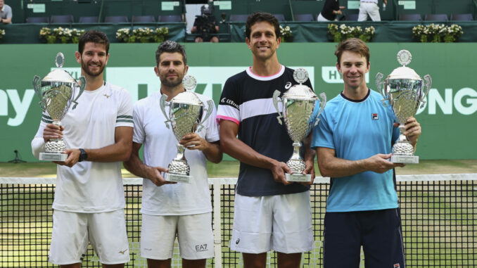 30. TERRA WORTMANN OPEN, ATP500 - Mens Tennis; Halle Westf., 25.6.2023, Foto zeigt ANDREA VAVASSORI (ITA), SIMONE BOLELLI (ITA), MARCELO MELO (BRA), JOHN PEERS (AUS)